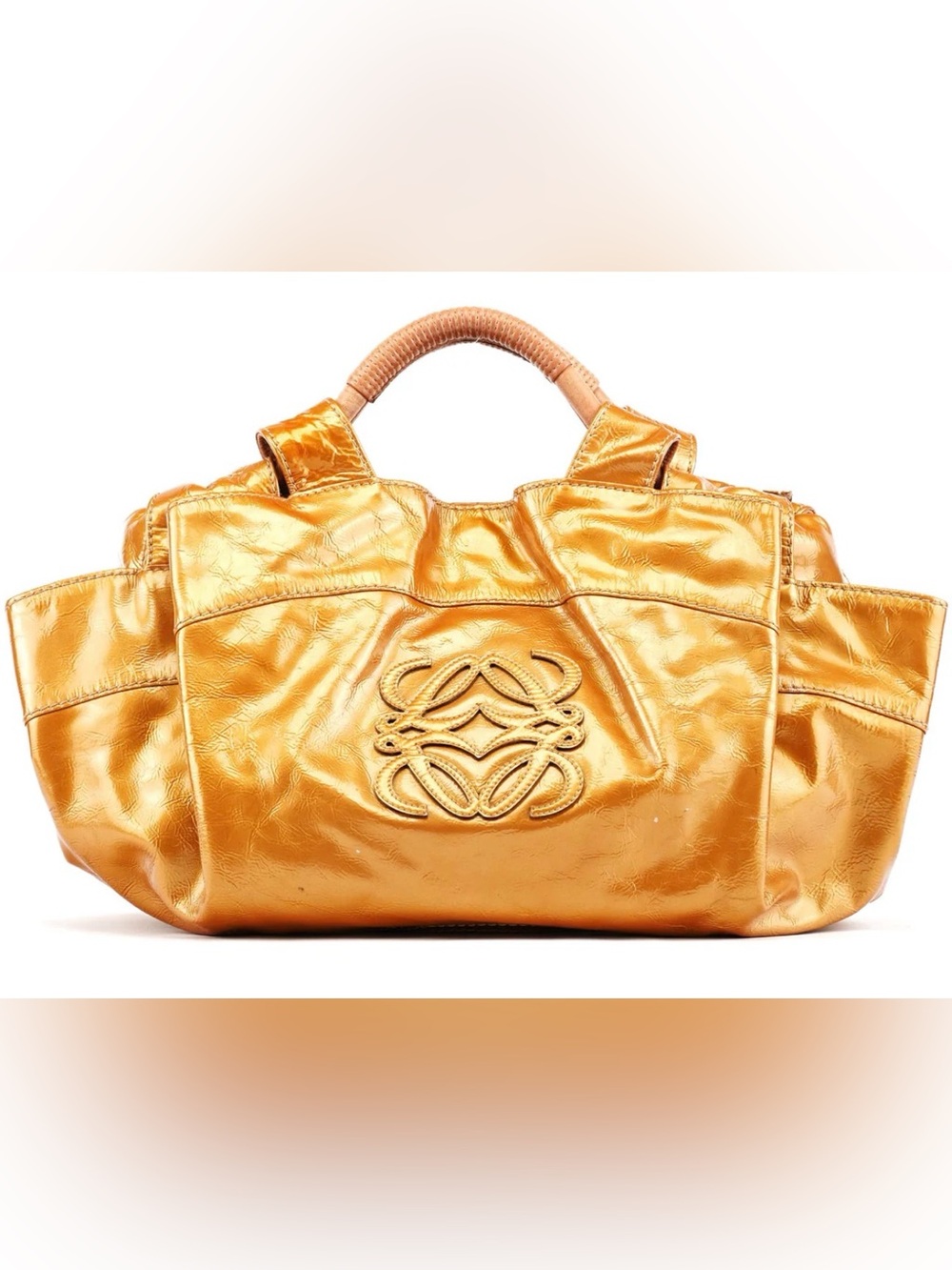Loewe Gold Patent Nappa Aire Hobo Tote Metallic Leather Anagram Vtg Y2K Slouchy